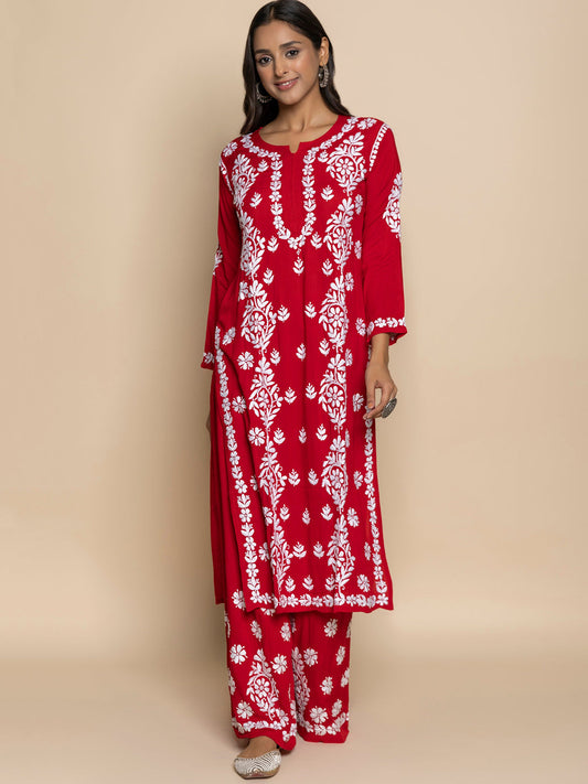 HOUSE OF KARI Floral Embroidered Chikankari Cotton A-Line Kurta | Swadesiicart