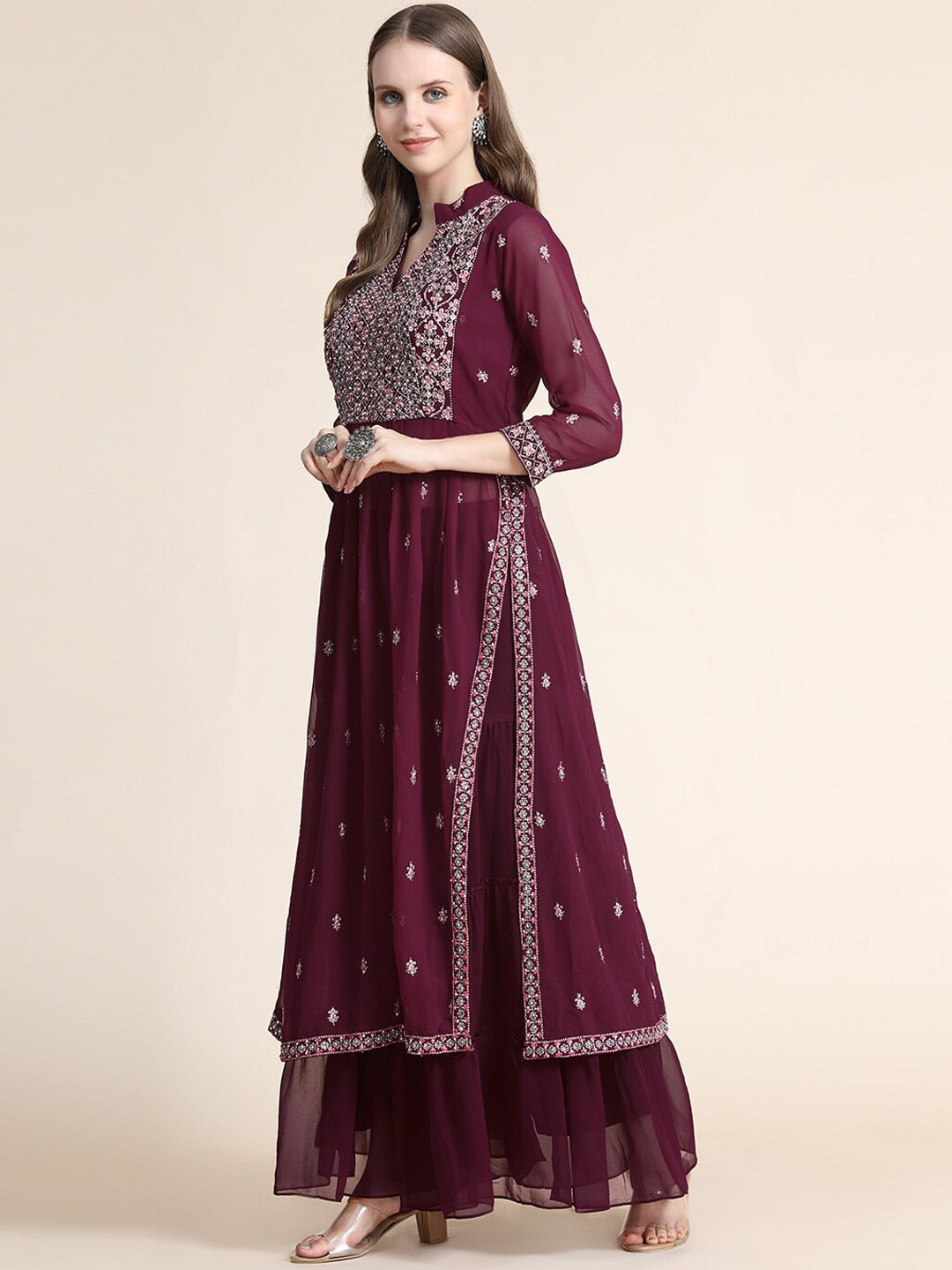 Kalini Women Burgundy Floral Yoke Design Empire Silk Georgette Kurta with Sharara | Swadesiicart