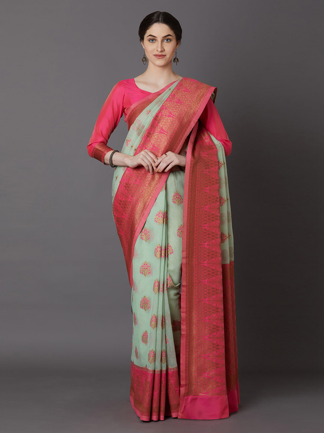Mitera Sea Green & Pink Silk Blend Woven Design Banarasi Saree | Swadesiicart