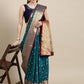 Mitera Teal Blue & Golden Ethnic Motifs Banarasi Saree with Zari Border | Swadesiicart