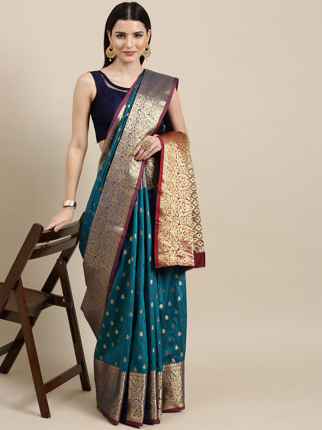 Mitera Teal Blue & Golden Ethnic Motifs Banarasi Saree with Zari Border | Swadesiicart