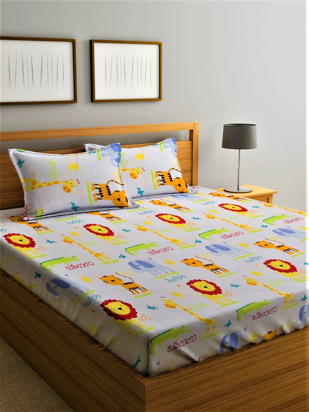 Home Sizzler White & Orange Cartoon Characters 210 TC Bedsheet with Pillow Covers - Swadesiicart