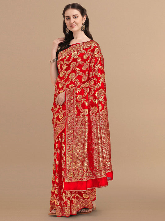 Kalini Red & Golden Floral Zari Silk Blend Banarasi Saree | Swadesiicart