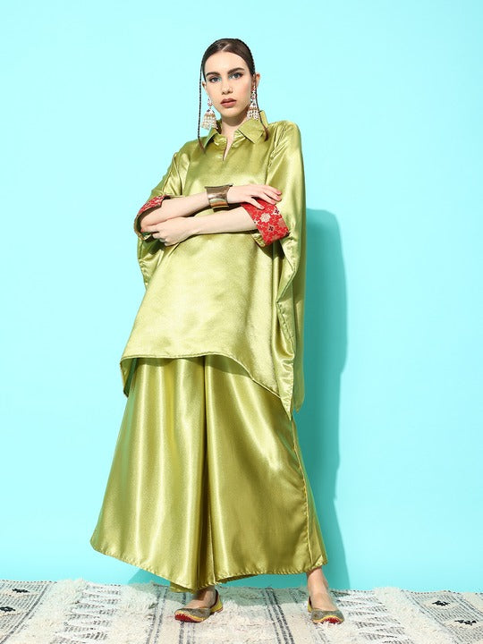 InWeave Women's Olive Red Brocade Satin Boho Kurta Palazzo Set - Swadesiicart