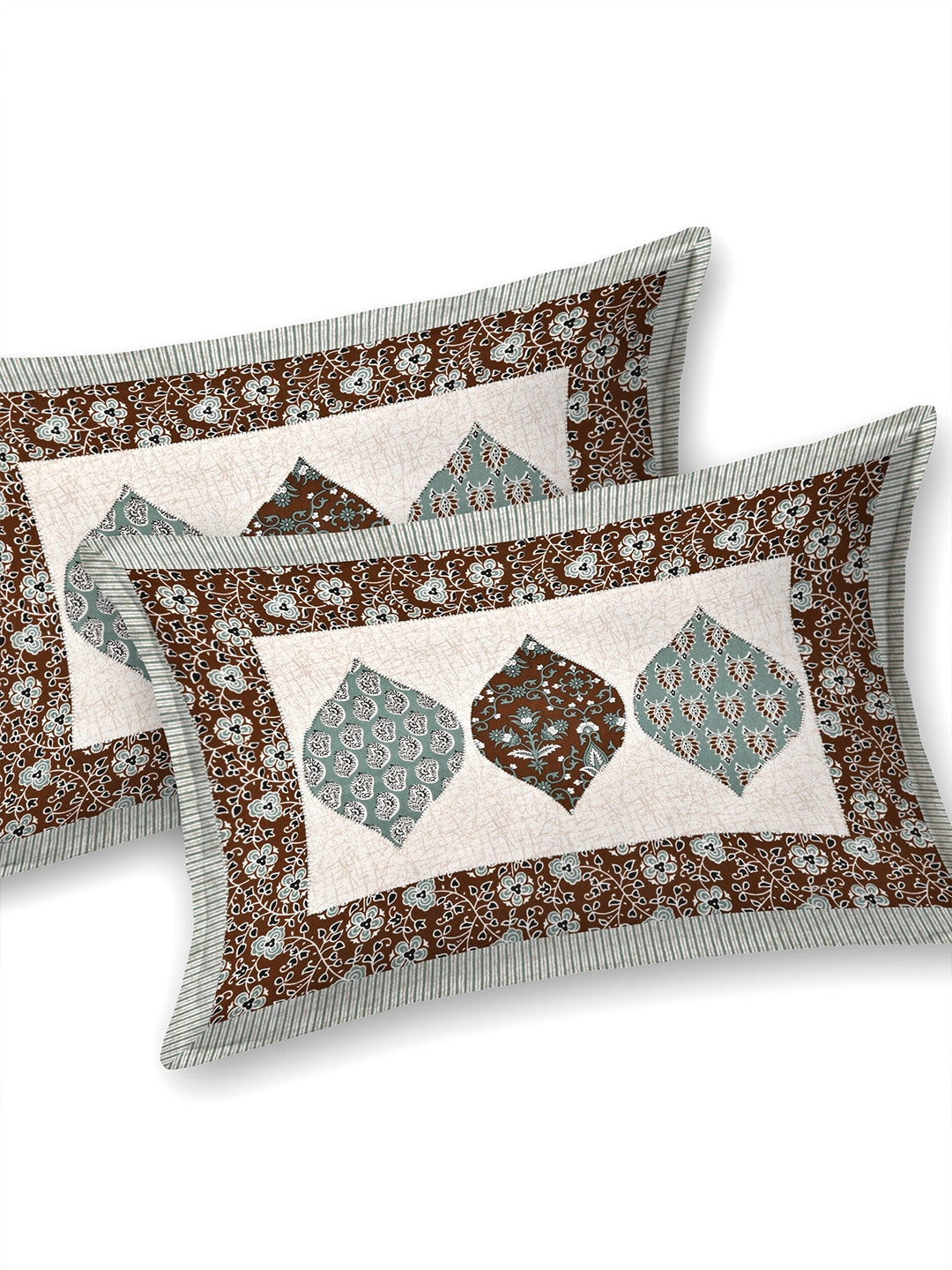 LIVING ROOTS Green & White Ethnic Pure Cotton 300 TC King Bedsheet with 2 Pillow Covers - Swadesiicart