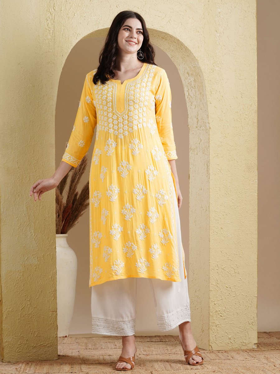 ADA Floral Lucknowi Chikankari Straight Kurta | Swadesiicart