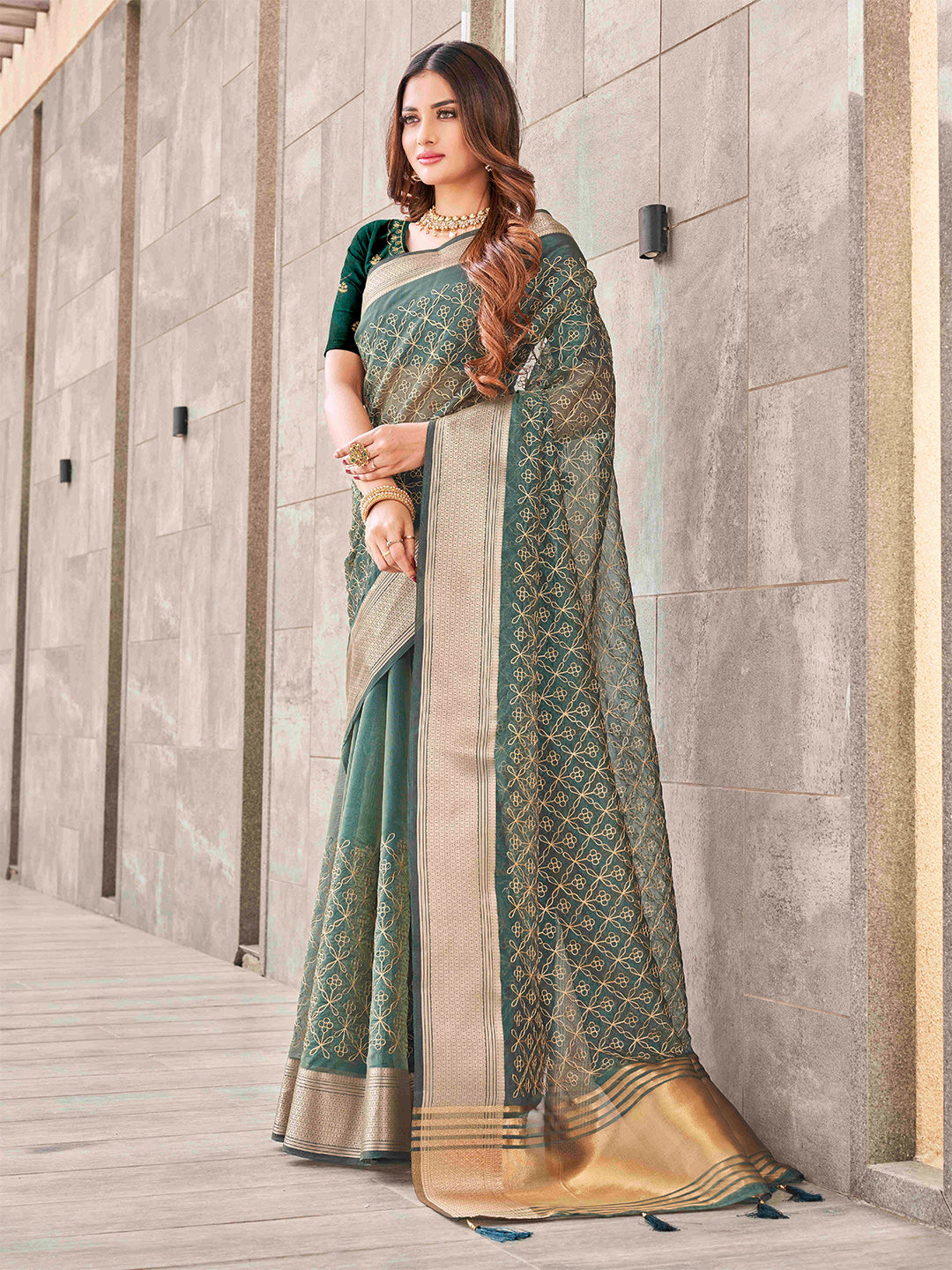 Tikhi Imli Olive Floral Embroidered Zari Organza Saree | Swadesiicart