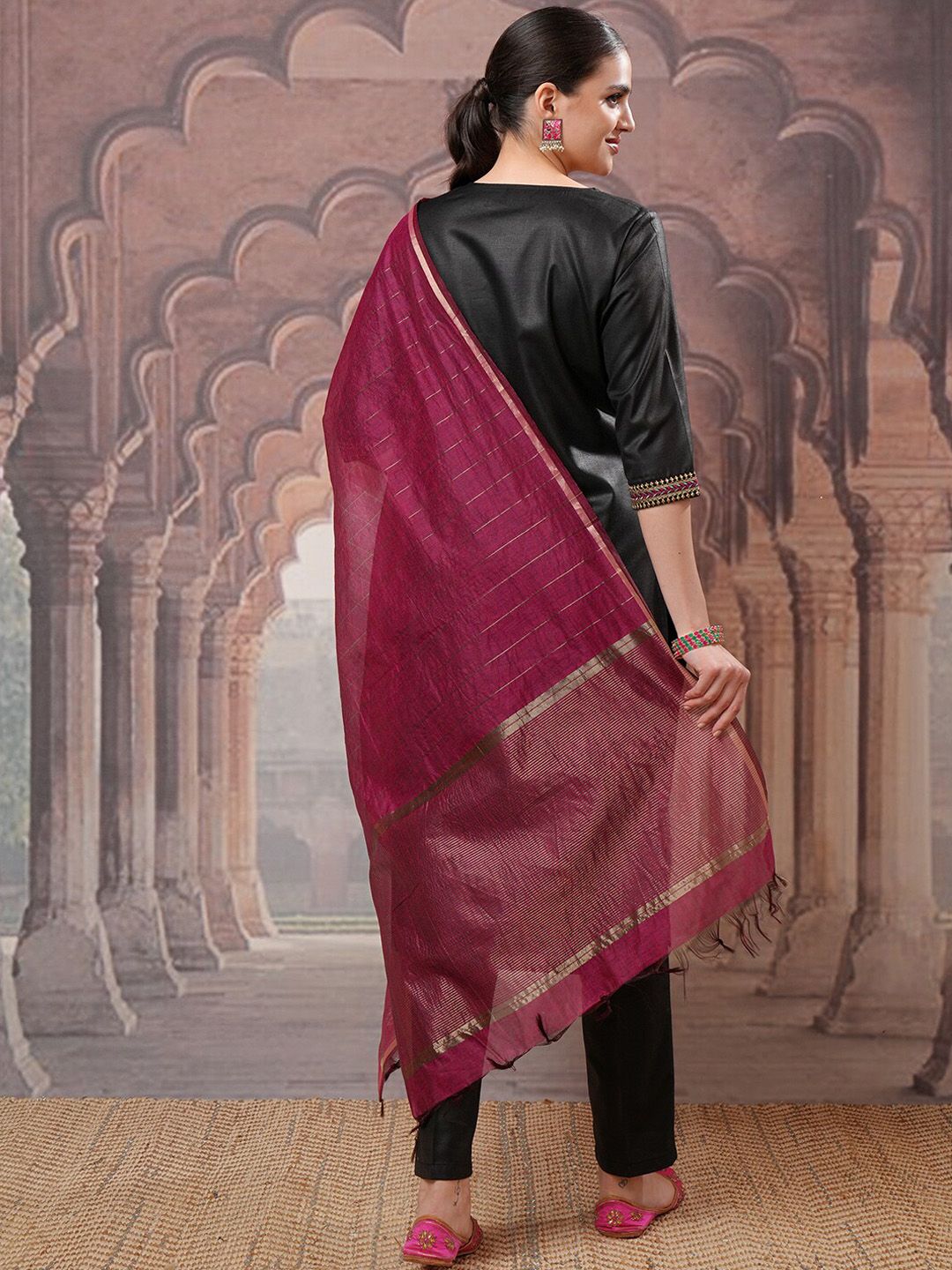 Vishudh Black Yoke Design Thread Work Kurta with Trouser & Dupatta - Swadesiicart