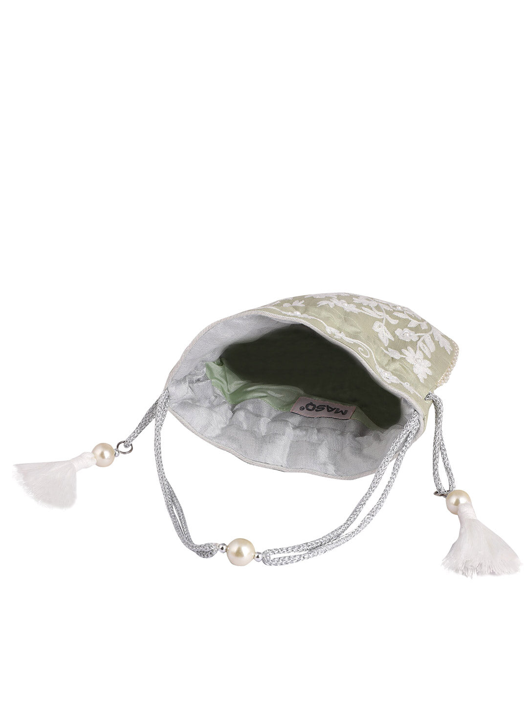 Masq Green & White Embellished Embroidered Potli Clutch - Swadesiicart
