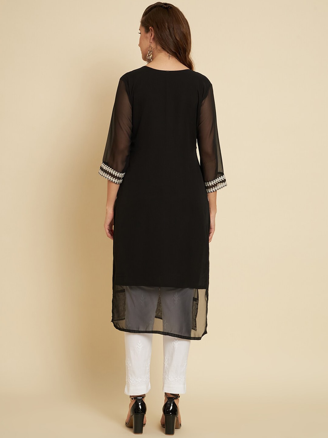 HERE&NOW Black & White Ethnic Motifs Chikankari Embroidered Georgette Kurta | Swadesiicart