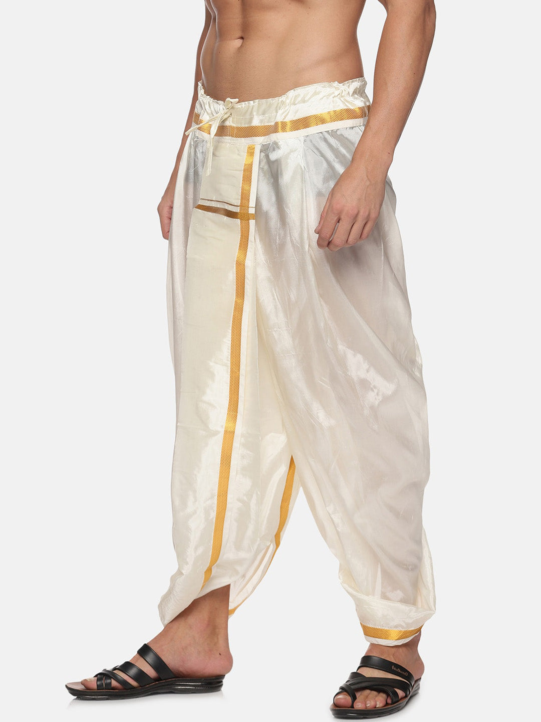 Sethukrishna Men Cream-Coloured & Golden Solid Silk Dhoti | Swadesiicart