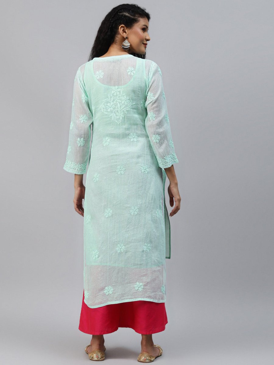 ADA Women Sea Green Chikankari Hand Embroidered Straight Kota Handloom Kurta With Matching Slip | Swadesiicart