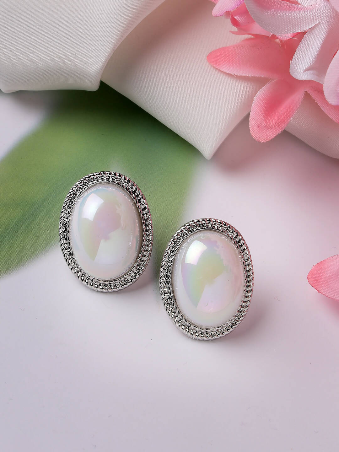 NVR Women's Silver Plated Oval Stud Earrings | Swadesiicart