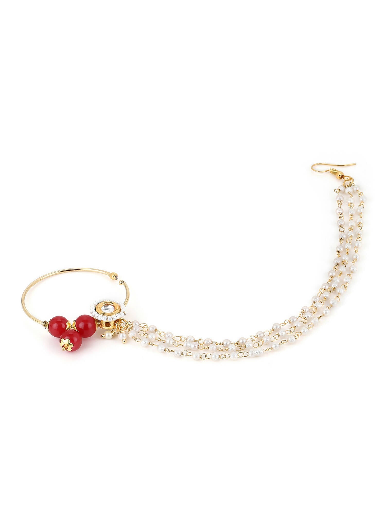 White Red Gold-Polished Kundan-Studded Beaded Nosepin - Ruby Raang | Swadesiicart
