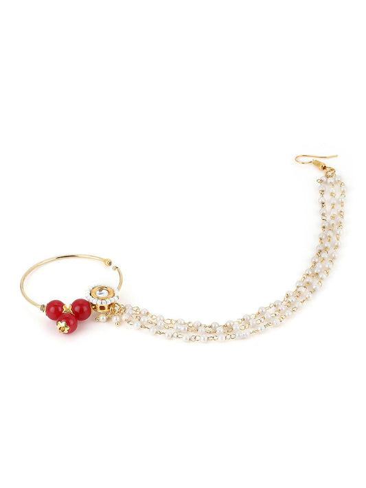 White Red Gold-Polished Kundan-Studded Beaded Nosepin - Ruby Raang | Swadesiicart