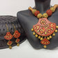 Terracotta Modern Long Necklace Set With Hangings-Indian Red And Gold