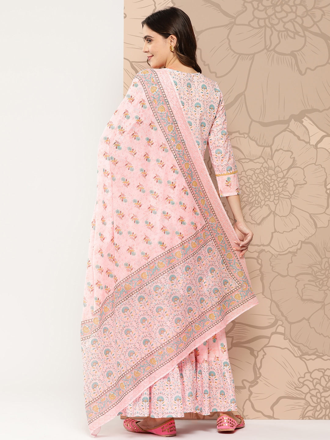 Kalini Floral Printed Gotta Patti Pure Cotton Kurta with Sharara & Dupatta | Swadesiicart