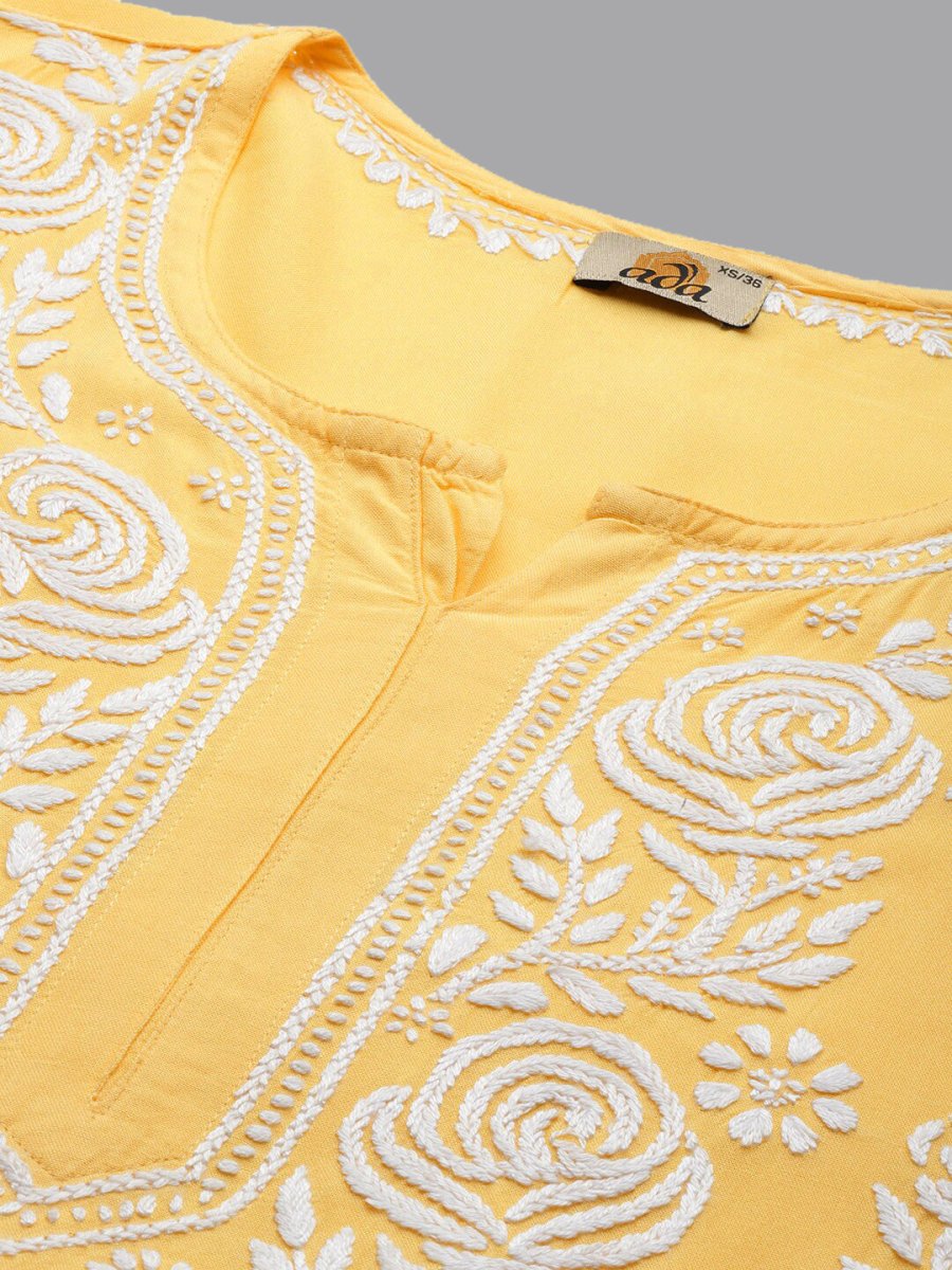 ADA Floral Embroidered Lucknowi Chikankari Cotton Silk Straight Kurta | Swadesiicart