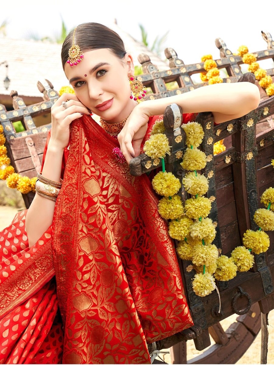 Anouk Red & Gold Woven Design Zari Detailed Art Silk Banarasi Saree | Swadesiicart