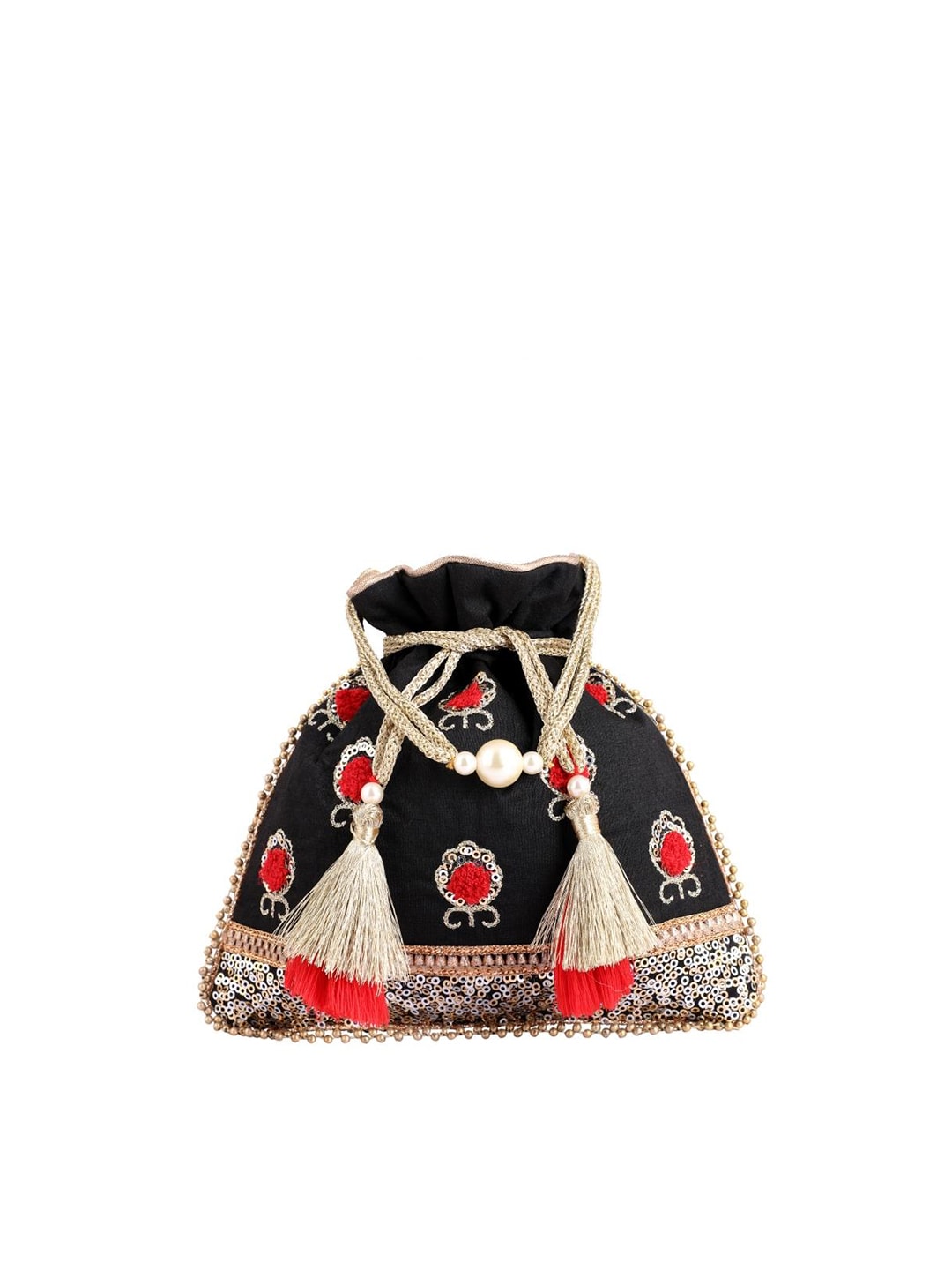 Masq Black & Red Embellished Embroidered Potli Clutch - Swadesiicart