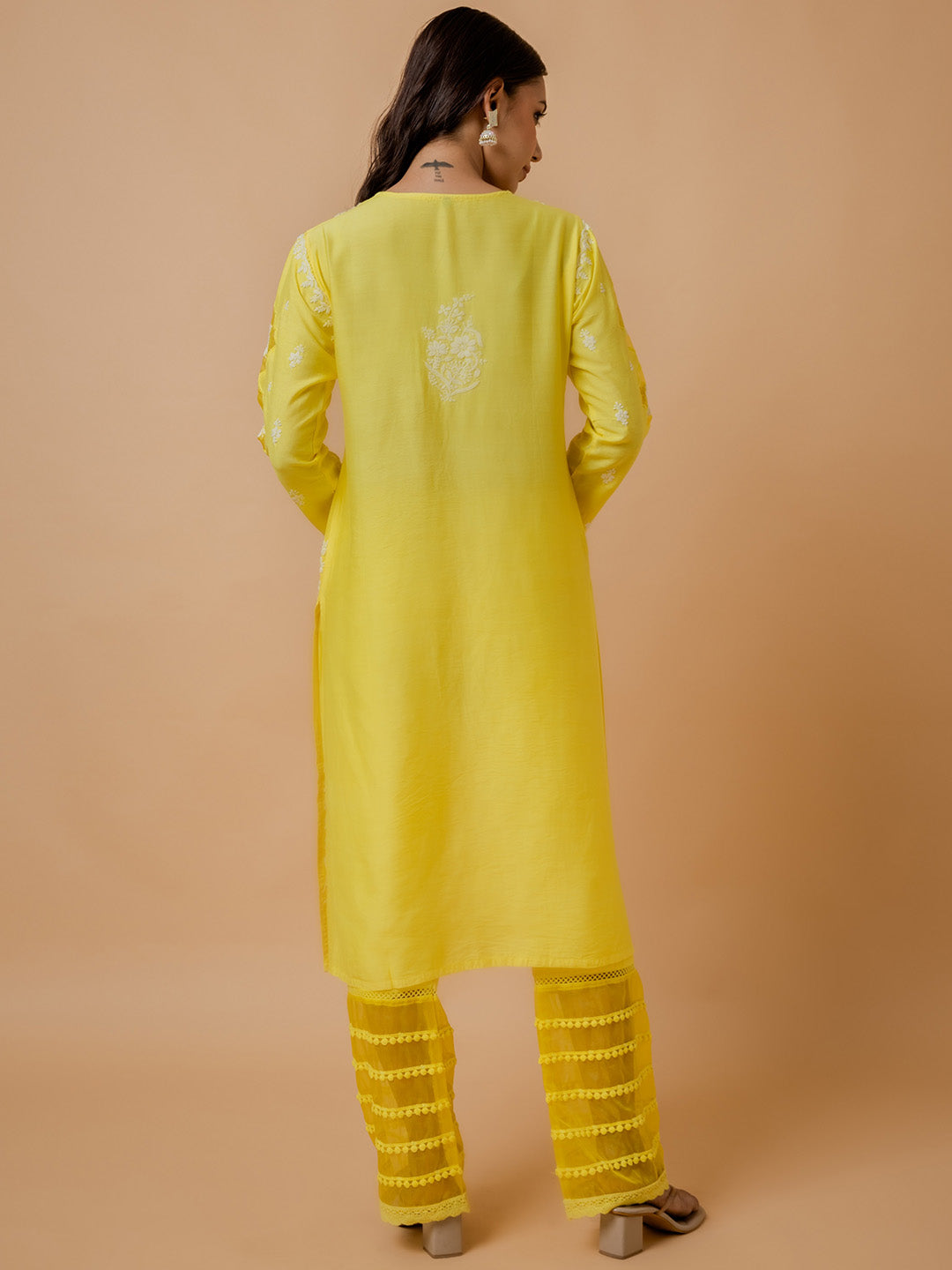 HOUSE OF KARI Ethnic Motifs Embroidered Round Neck Chikankari Chanderi Silk Kurta | Swadesiicart