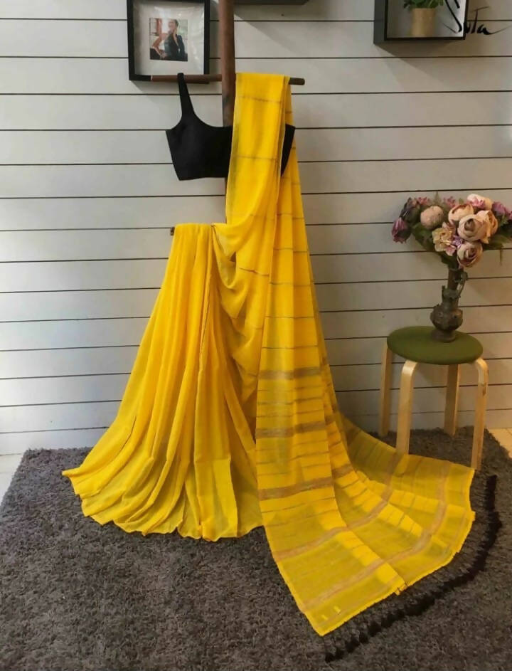 Exclusive Collection Khadi Cotton Handloom Khesh Saree With Blouse Piece - Yellow - Swadesiicart