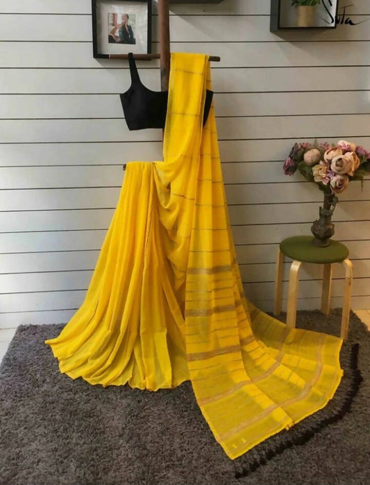 Exclusive Collection Khadi Cotton Handloom Khesh Saree With Blouse Piece - Yellow - Swadesiicart