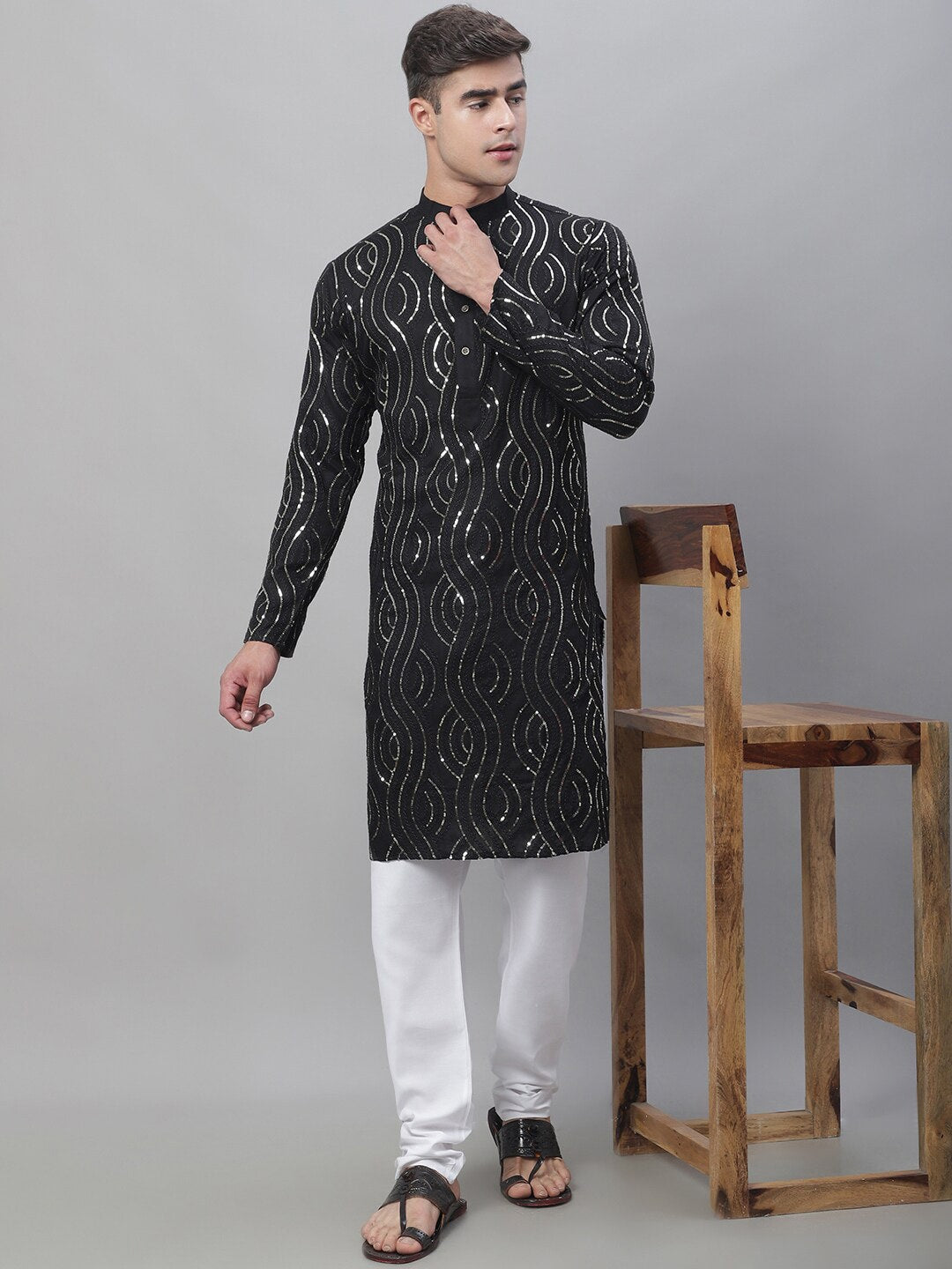 Sojanya Sequined Mandarin Collar Pure Cotton Kurta | Swadesiicart