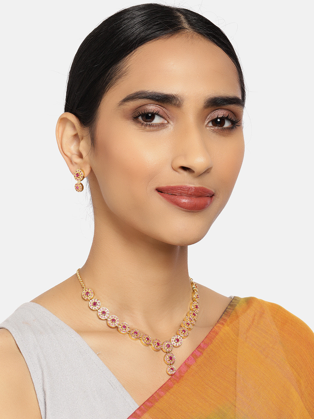 Zaveri Pearls Pink Gold-Polished Cubic Zirconia Studded Jewellery Set - Swadesiicart