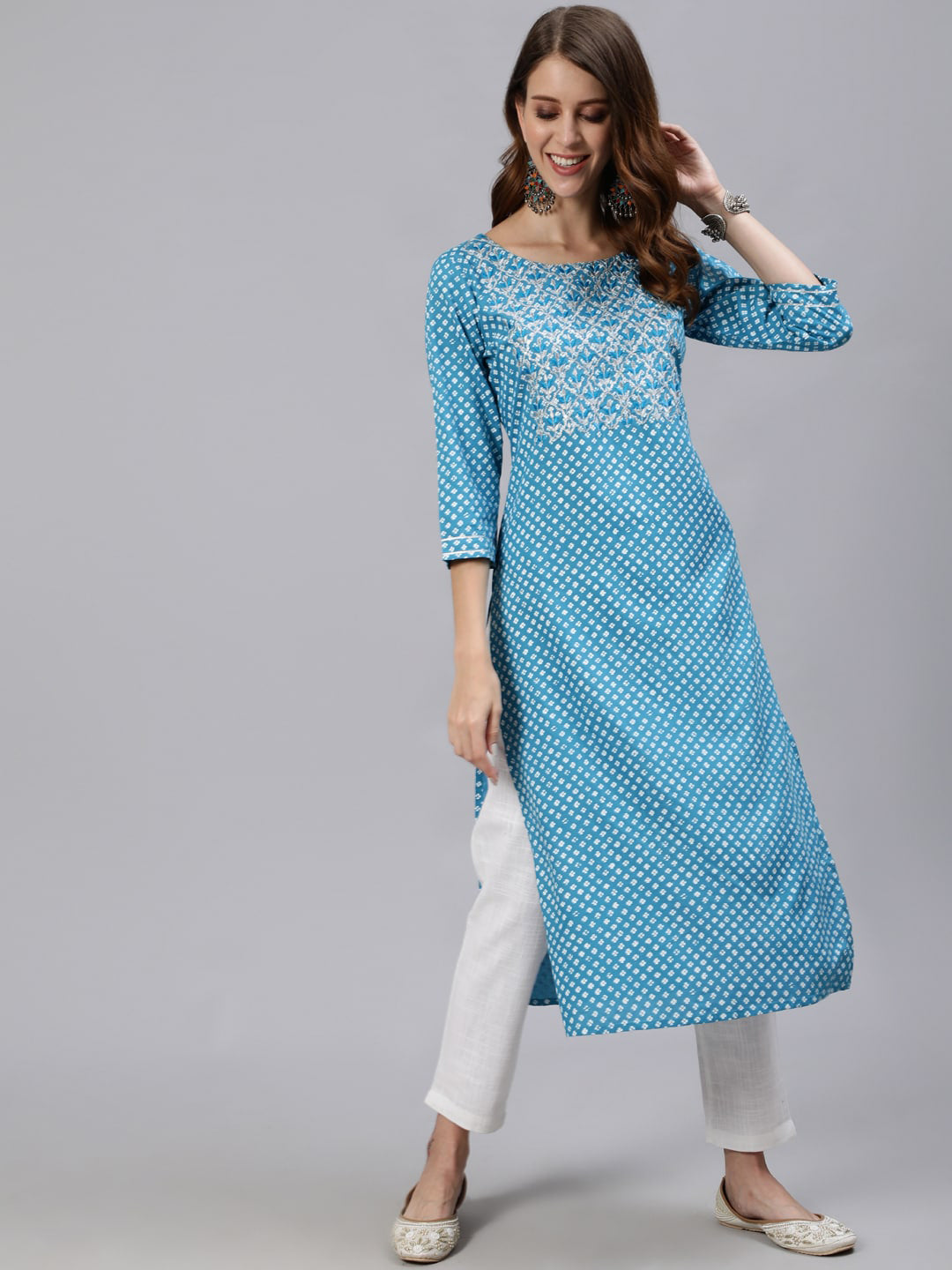 Jaipur Kurti Blue & White Floral Printed Women Kurta