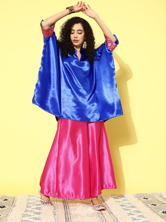 InWeave Women's Blue Pink Brocade Satin Boho Kurta Pink Palazzo Set - Swadesiicart