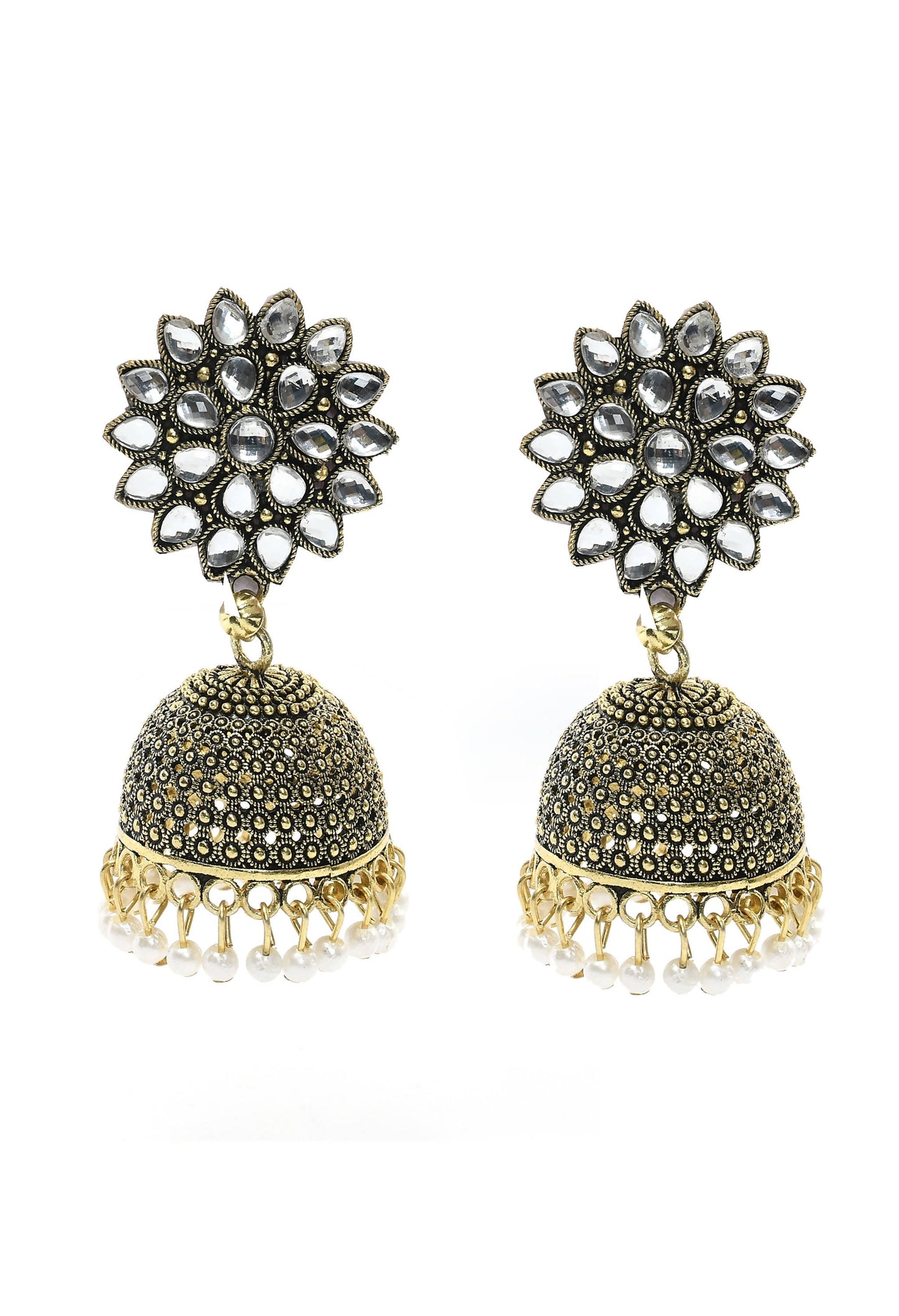 Mominos Fashion Johar Kamal Beautiful Kundan Work Jhumka With White Beads - Mominos Fashion