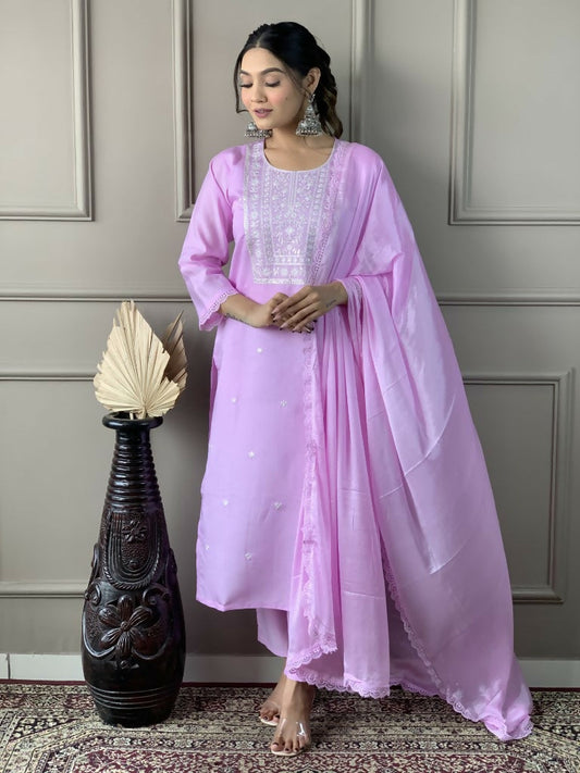 Lavender Viscose Chanderi Stitched Suit With Dupatta - Tanisha | Swadesiicart
