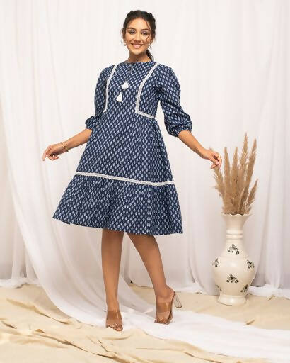 FIORRA Women's Blue Cotton Floral Printed Western Dress - Swadesiicart