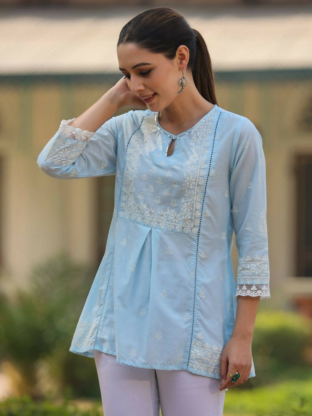 Juniper Women's Powderblue Cambric Floral Printed Tunic | Swadesiicart