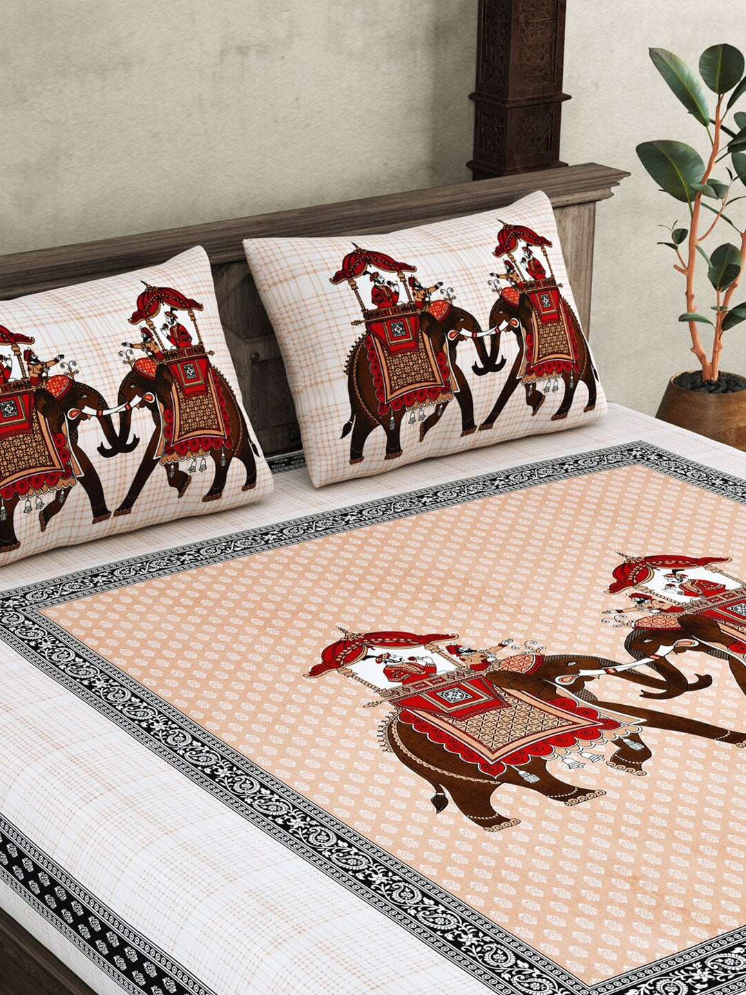 JAIPUR FABRIC Peach Ethnic Motifs Cotton 250 TC Super King Bedsheet With 2 Pillow Covers | Swadesiicart