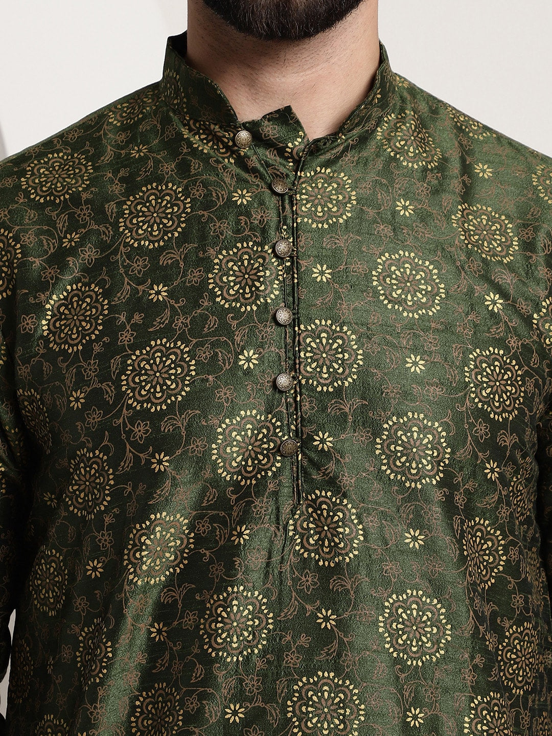 Sojanya Men Green & Brown Ethnic Motifs Printed Kurta | Swadesiicart