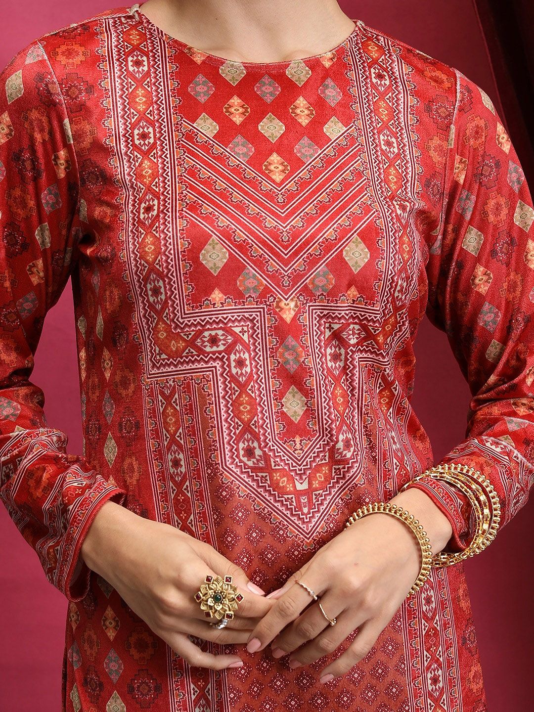 Vishudh Red Ethnic Motifs Printed Neck Straight Kurta - Swadesiicart