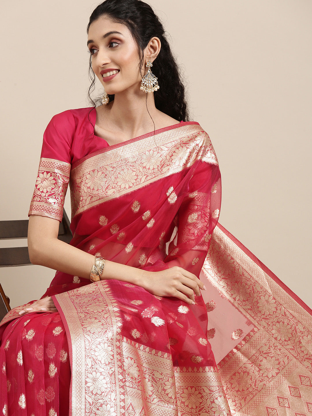Saree Mall Red Ethnic Motifs Zari Organza Banarasi Saree | Swadesiicart