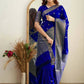 DEIANA'S Beautiful Designer Golden zari Soft Lichi Silk Saree - Royal Blue - Swadesiicart