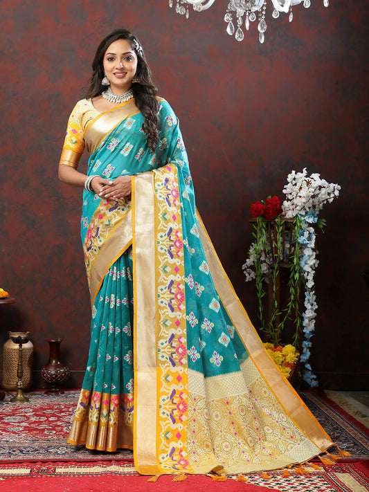 Lorenvalley Fashion Teal Organza Silk Woven Design with Meenakari Weaving Saree - Swadesiicart