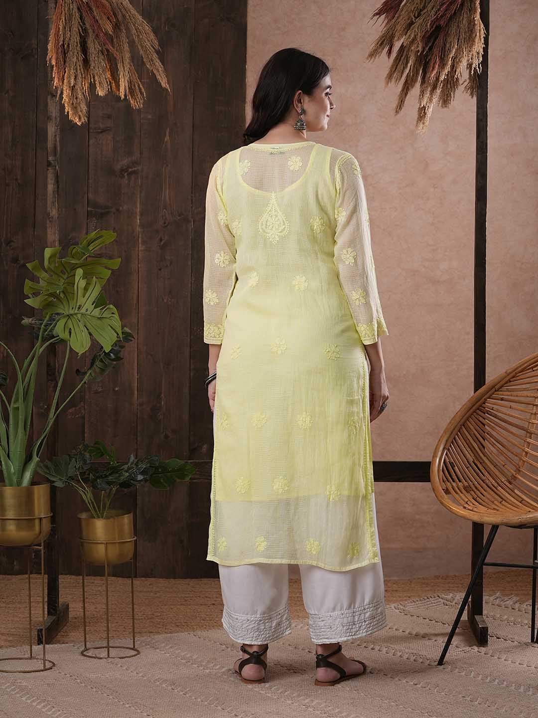 ADA Women Yellow & White Hand Embroidered Chikankari Sustainable Kota Handloom Kurta With Matching Slip | Swadesiicart