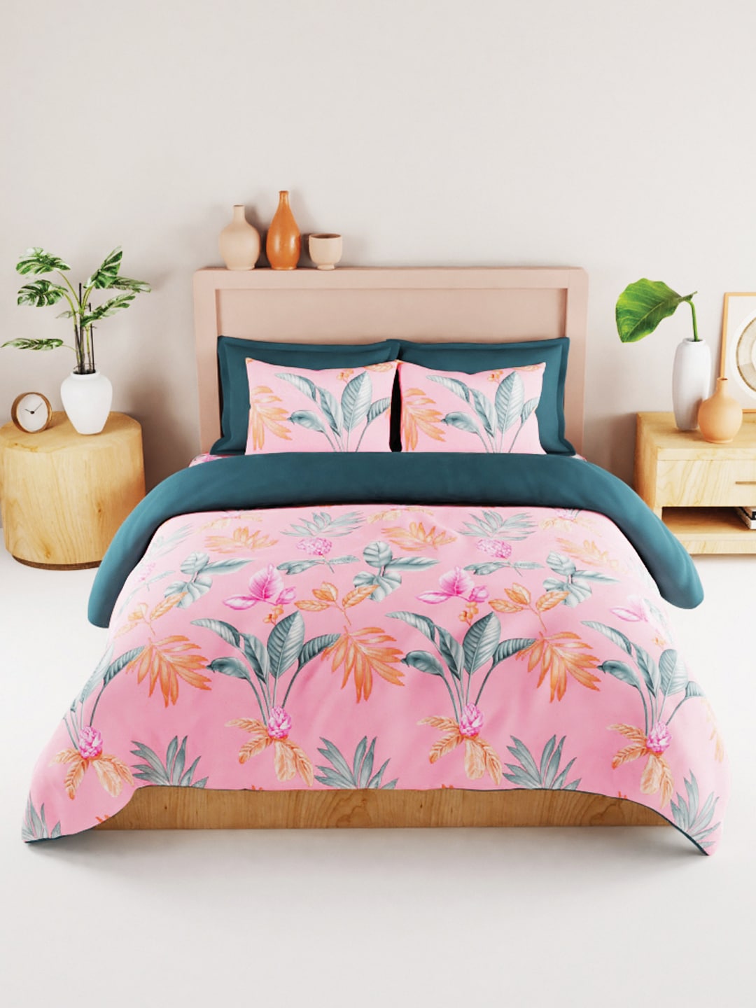 BIANCA Coral & Orange Floral 186 TC King Bedsheet with 2 Pillow Covers - Swadesiicart