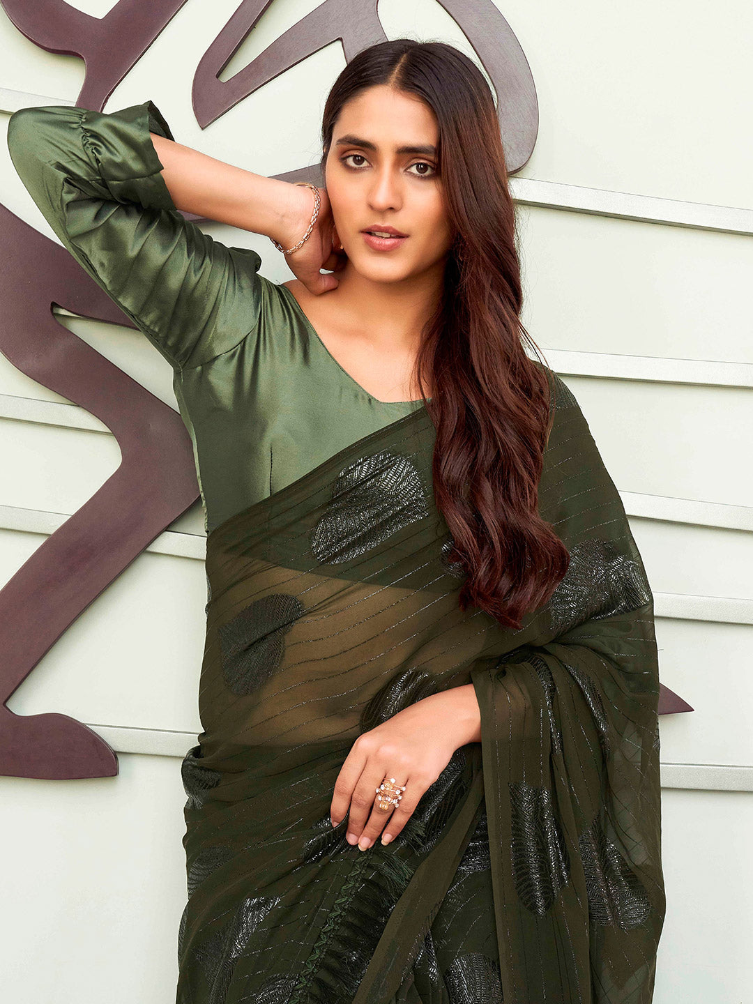 Tikhi Imli Green Floral Embellished Saree | Swadesiicart