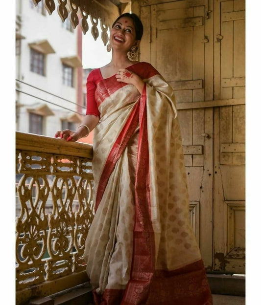 DEIANA'S Beautiful Designer Golden zari Soft Lichi Silk Saree - White - Swadesiicart
