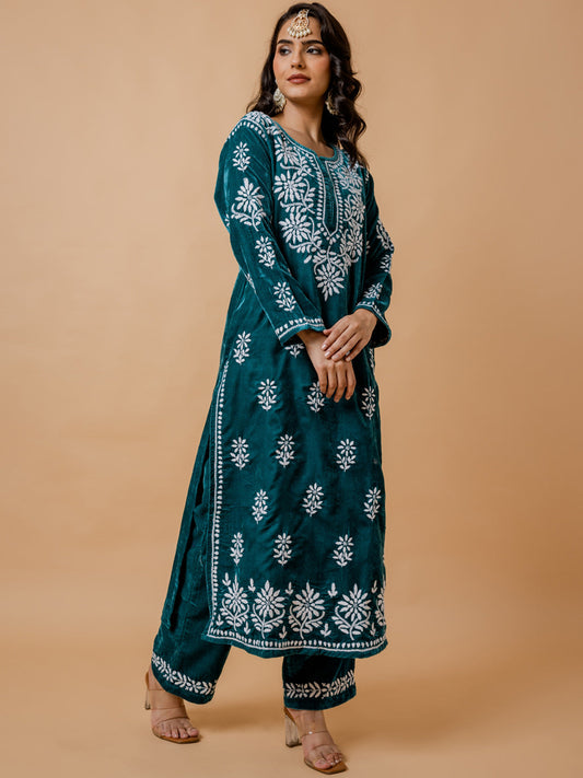 HOUSE OF KARI Ethnic Motifs Embroidered Chikankari Velvet Kurta With Trousers | Swadesiicart