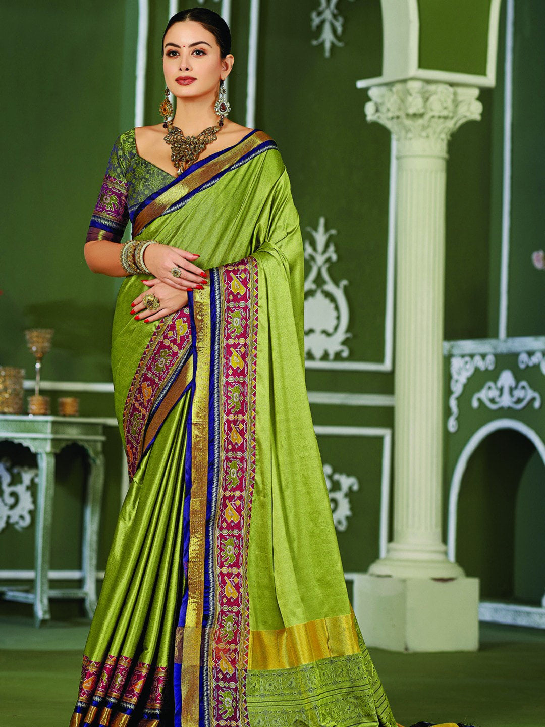 Mitera Olive Green & Blue Zari Pure Silk Banarasi Saree | Swadesiicart