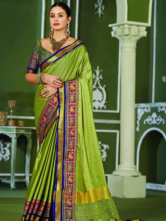Mitera Olive Green & Blue Zari Pure Silk Banarasi Saree | Swadesiicart