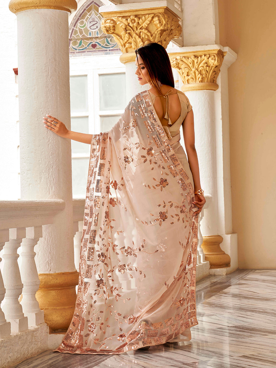Tikhi Imli Floral Sequinned Georgette Saree | Swadesiicart