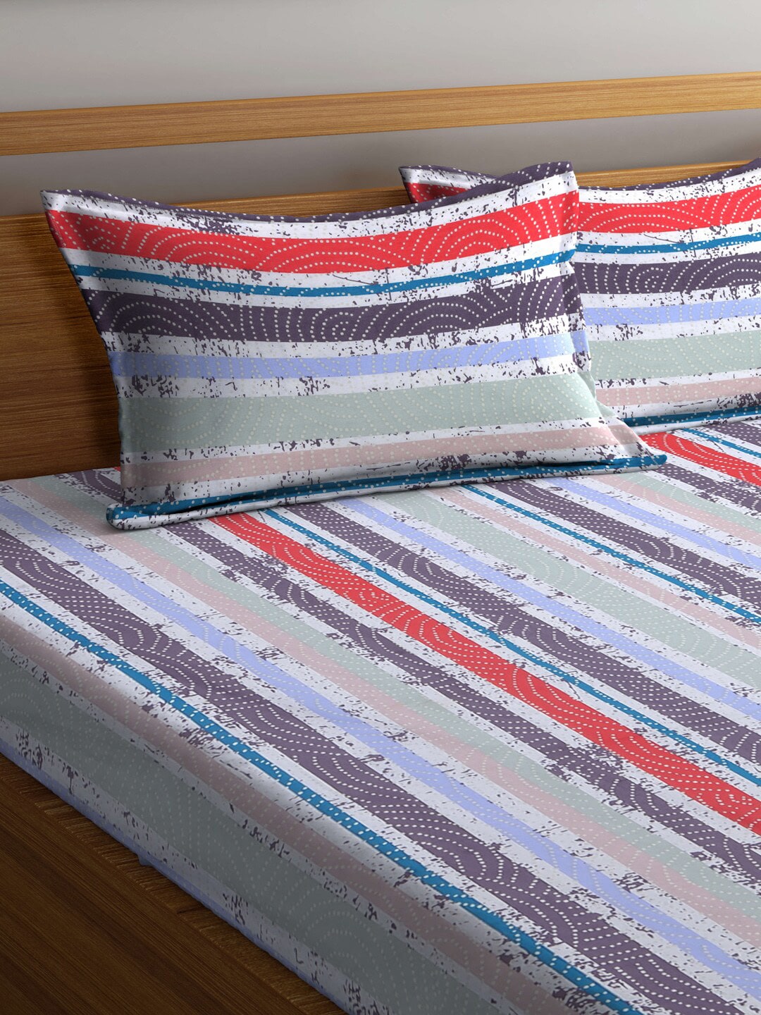 BOMBAY DYEING Red & Blue Striped Cotton 120 TC King Bedsheet with 2 Pillow Covers - Swadesiicart